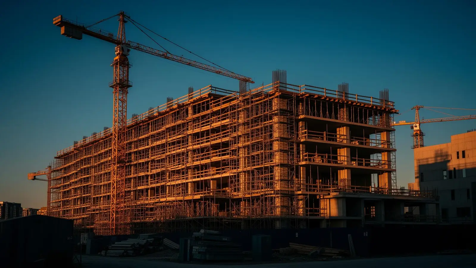 Obra em construção ao pôr do sol